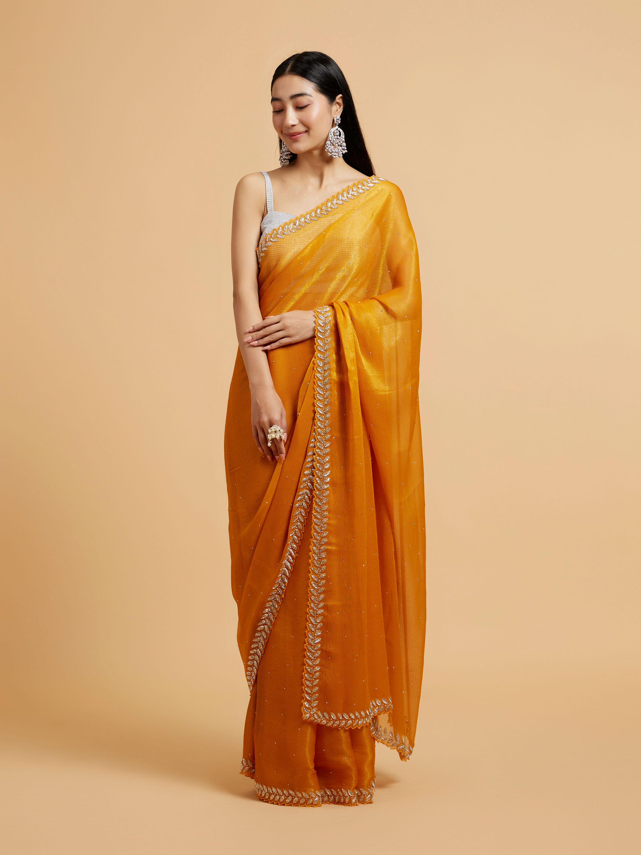 Mohey Women Mustard Yellow Saree with Leaf Patterned Border & Rhinestone Work