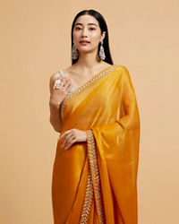 Mohey Women Mustard Yellow Saree with Leaf Patterned Border & Rhinestone Work