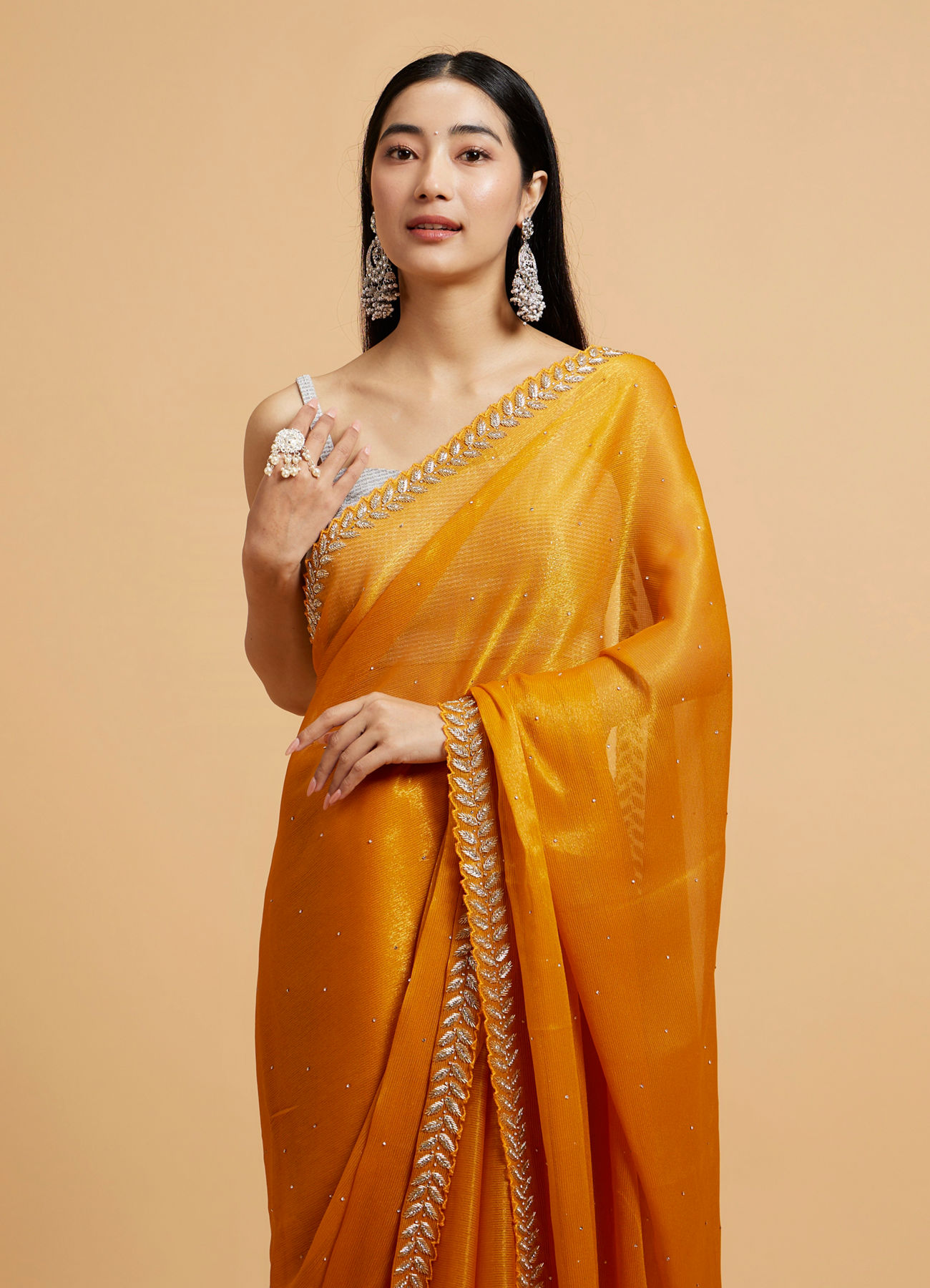 Mohey Women Mustard Yellow Saree with Leaf Patterned Border & Rhinestone Work