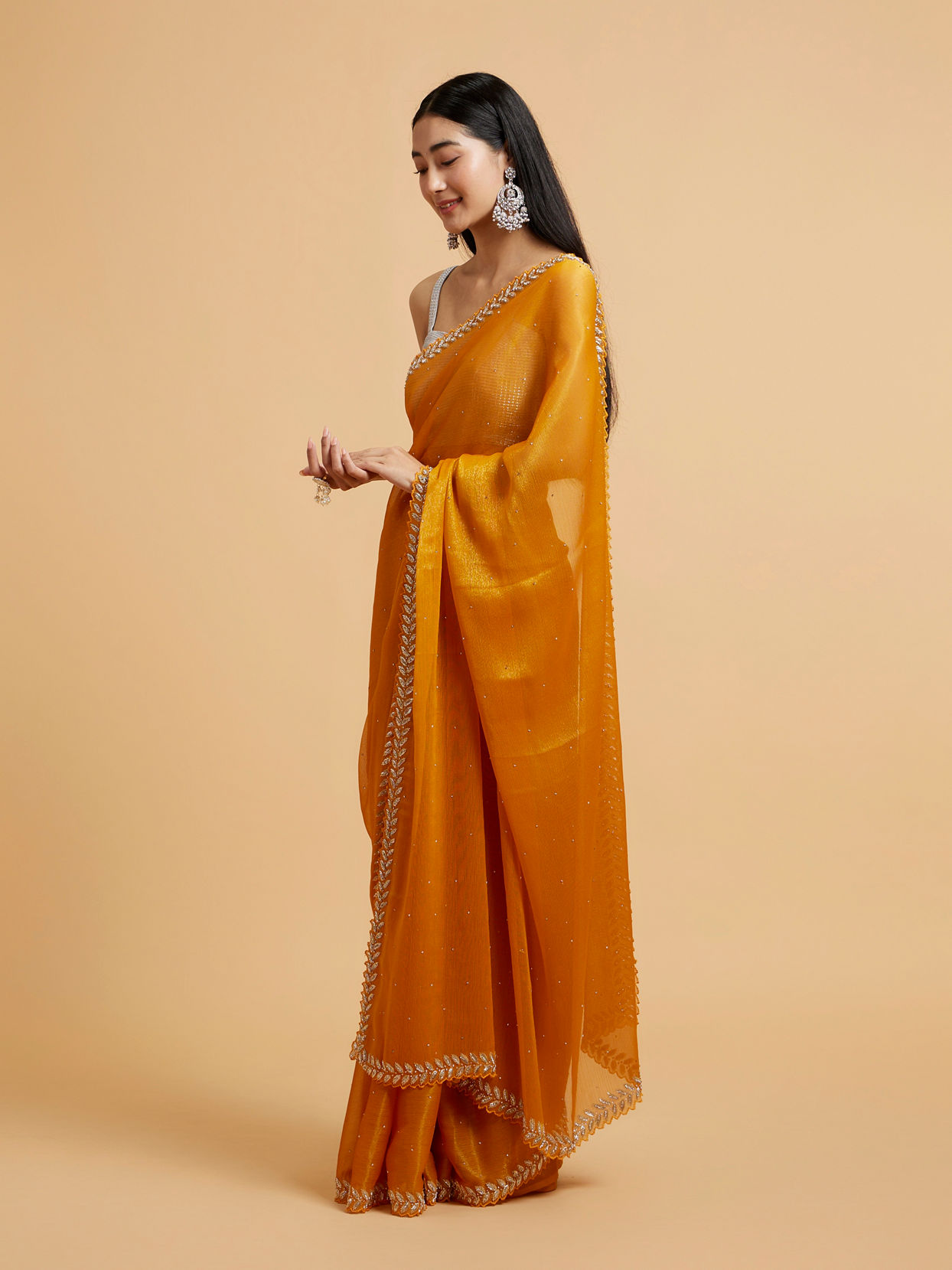 Mohey Women Mustard Yellow Saree with Leaf Patterned Border & Rhinestone Work