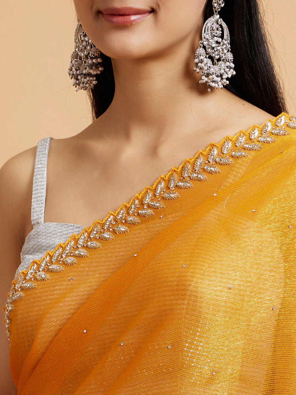 Mohey Women Mustard Yellow Saree with Leaf Patterned Border & Rhinestone Work