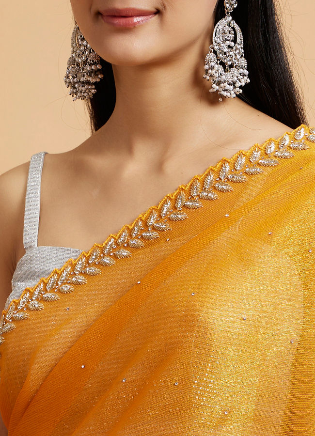 Mohey Women Mustard Yellow Saree with Leaf Patterned Border & Rhinestone Work