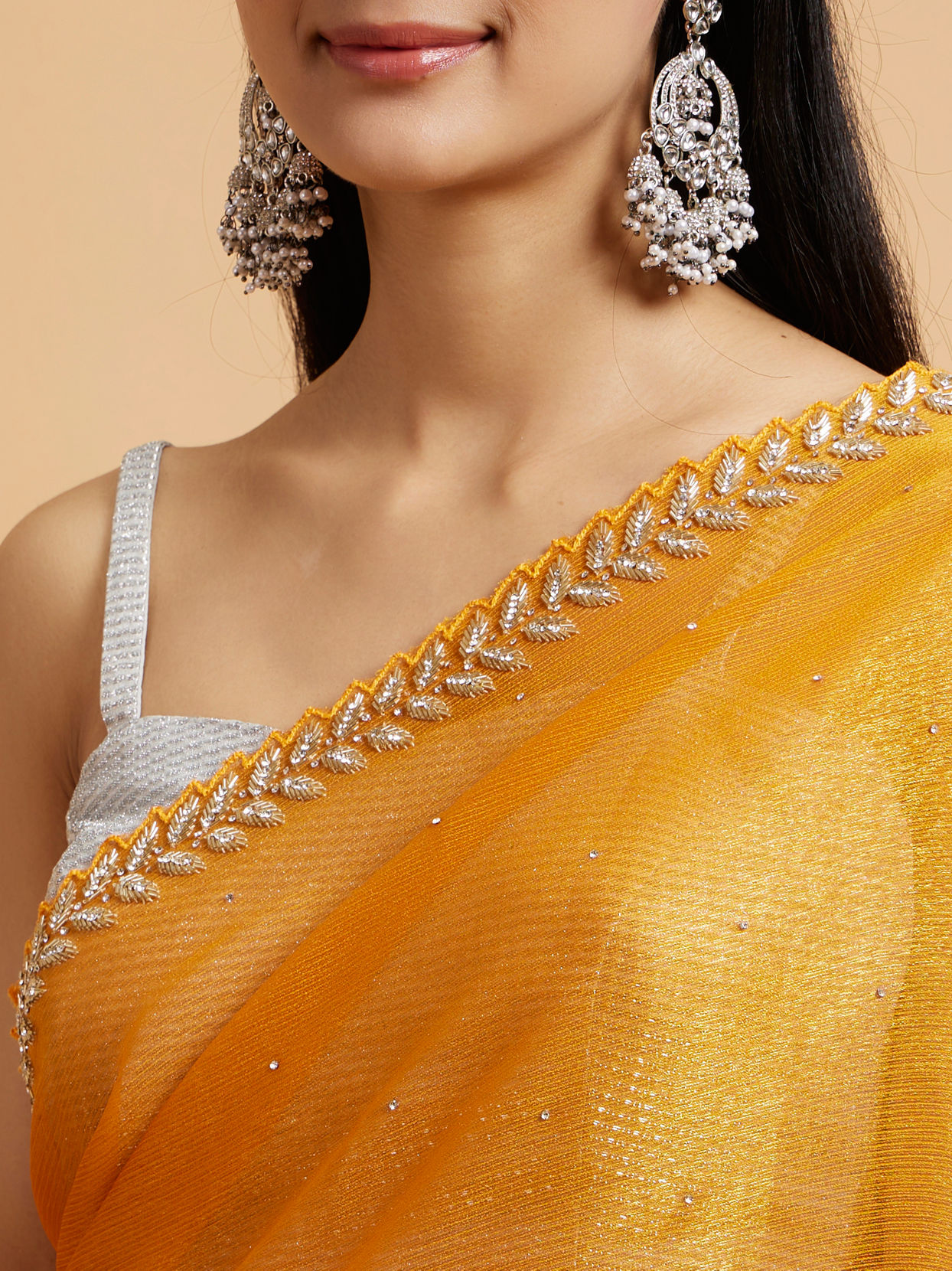 Mohey Women Mustard Yellow Saree with Leaf Patterned Border & Rhinestone Work