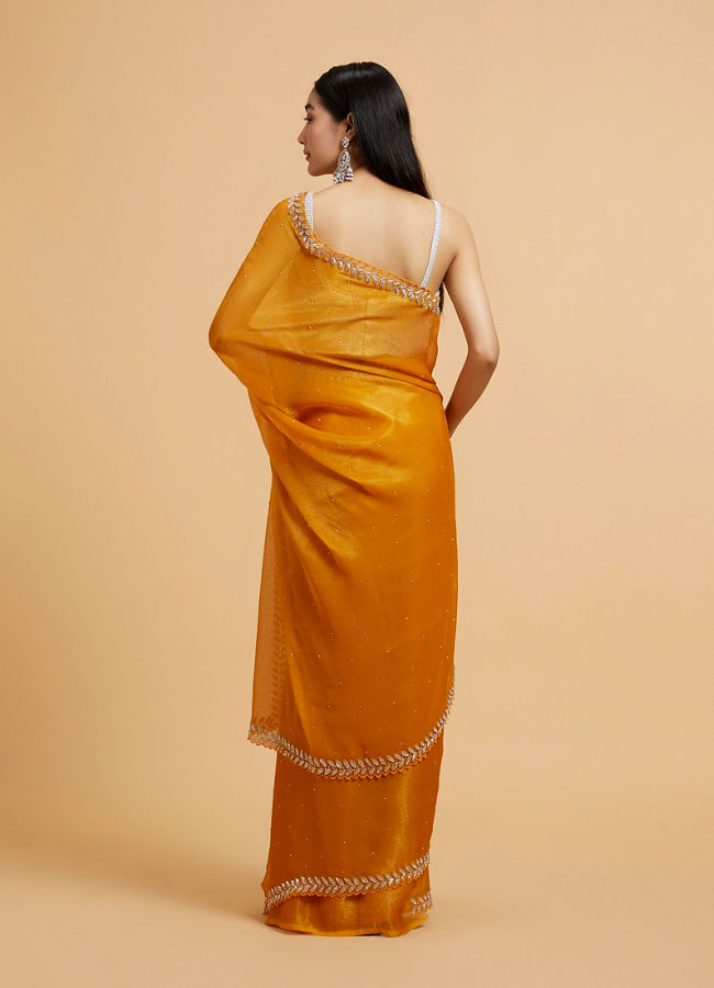 Mohey Women Mustard Yellow Saree with Leaf Patterned Border & Rhinestone Work