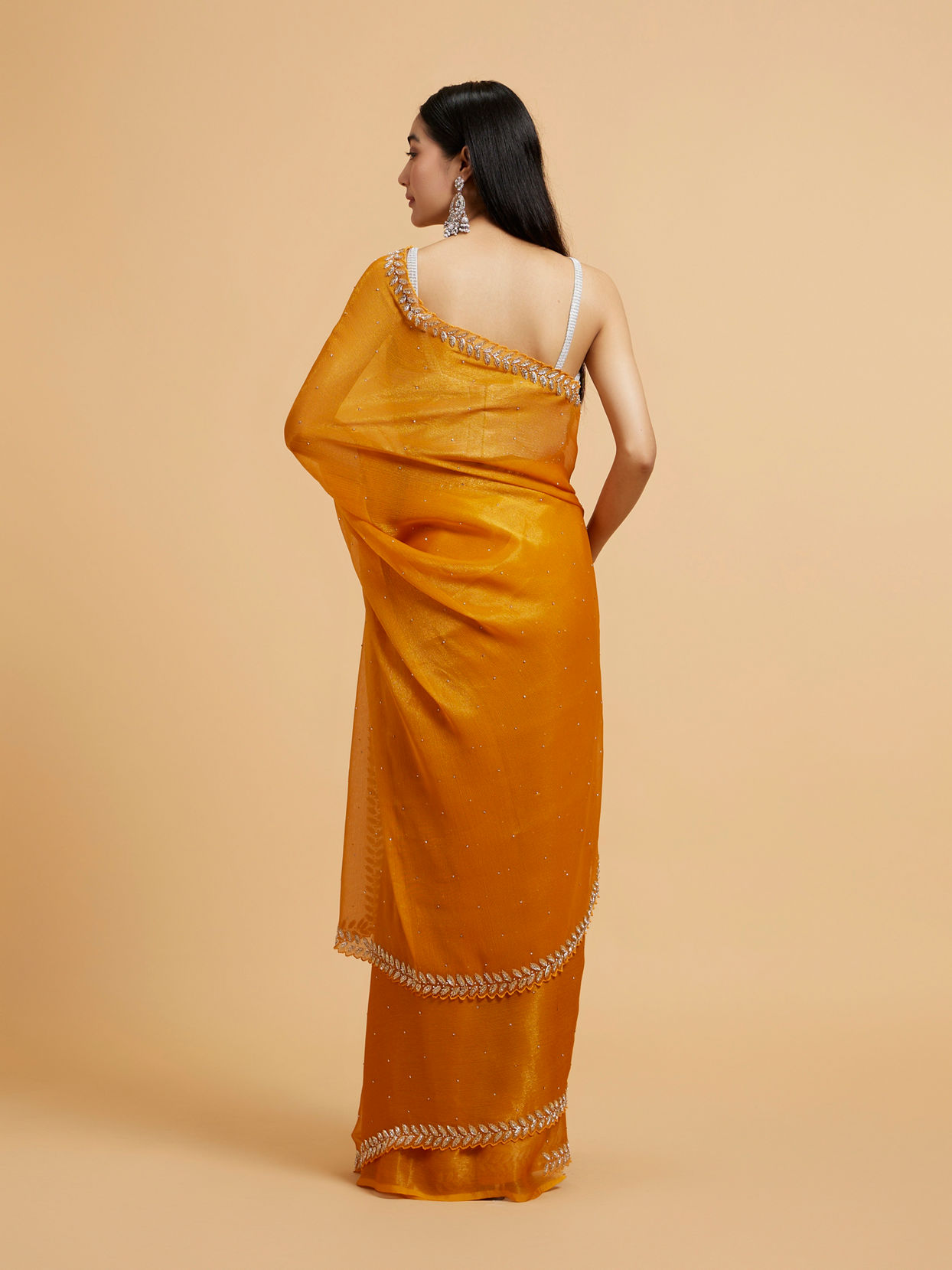 Mohey Women Mustard Yellow Saree with Leaf Patterned Border & Rhinestone Work