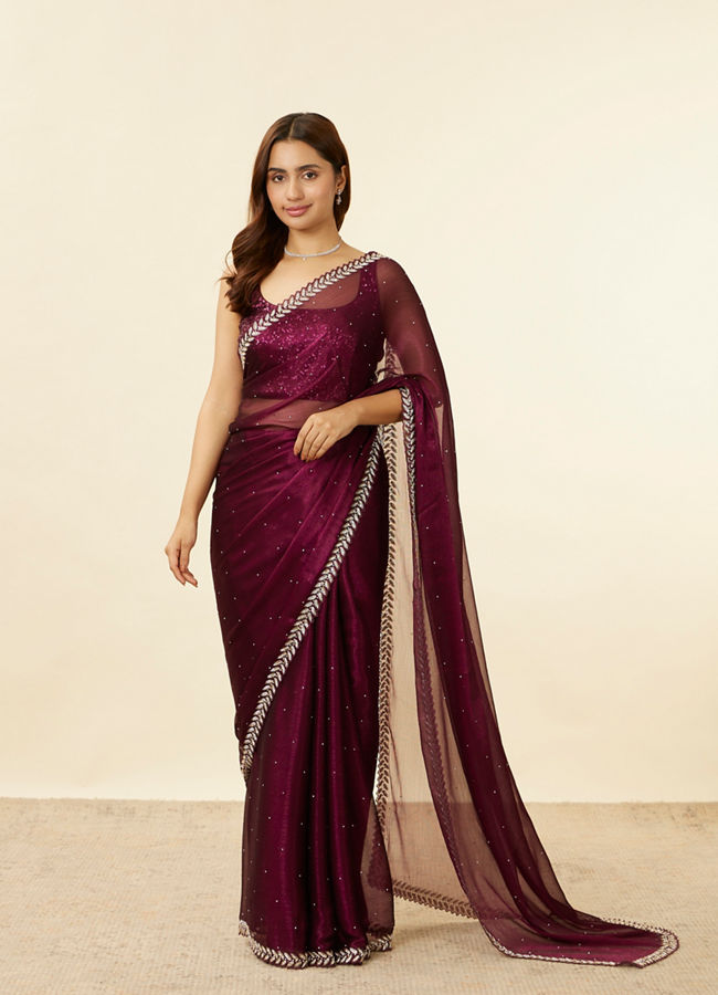 Wine Red Stone Embellished Saree image number 0