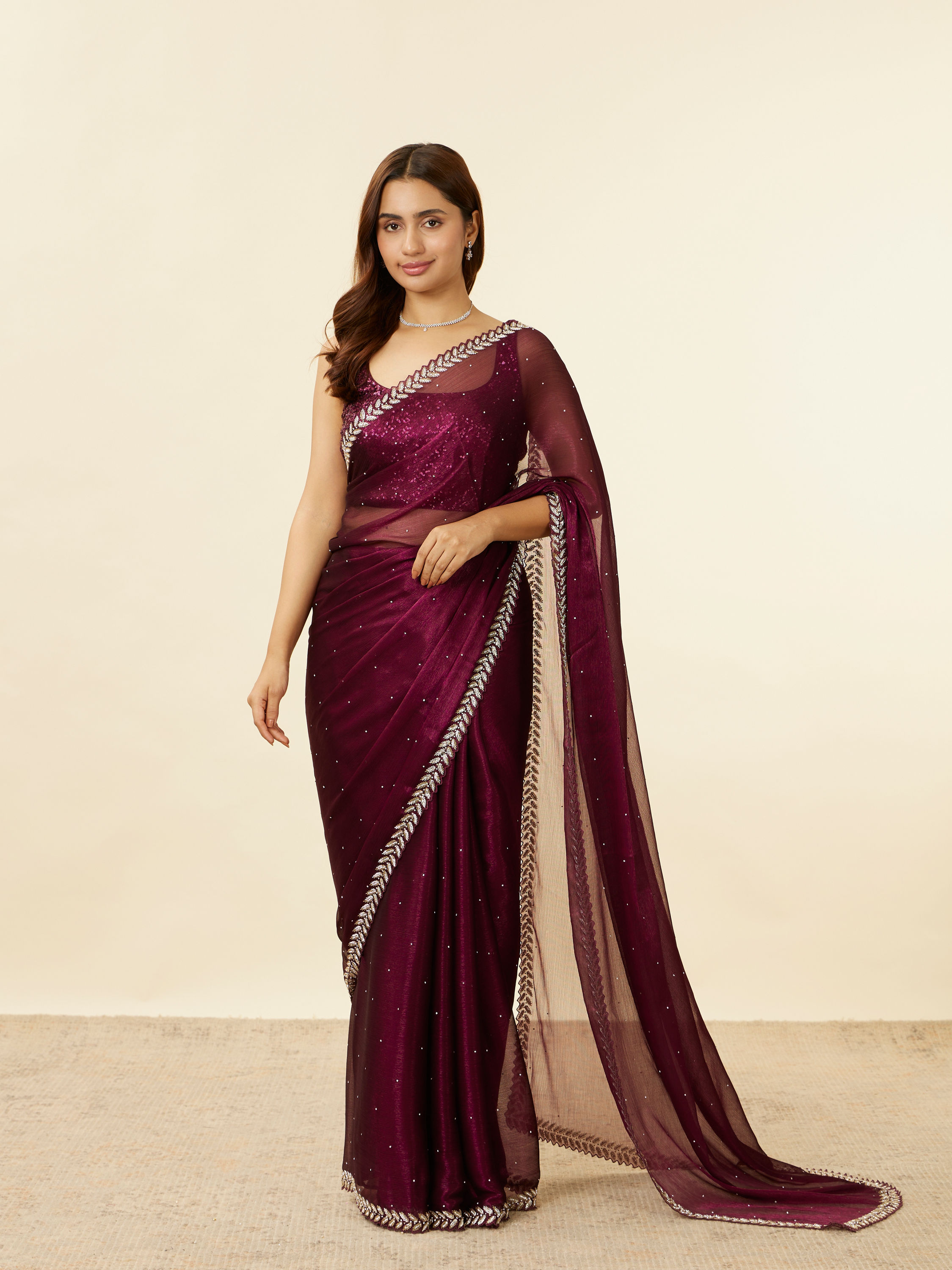 Mohey Women Wine Red Stone Embellished Saree