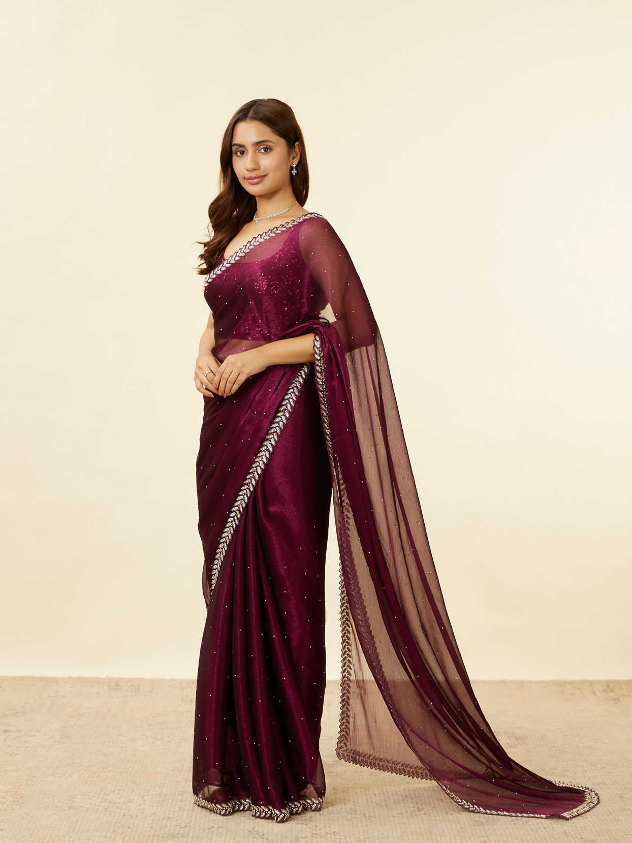 Wine Red Stone Embellished Saree image number 3