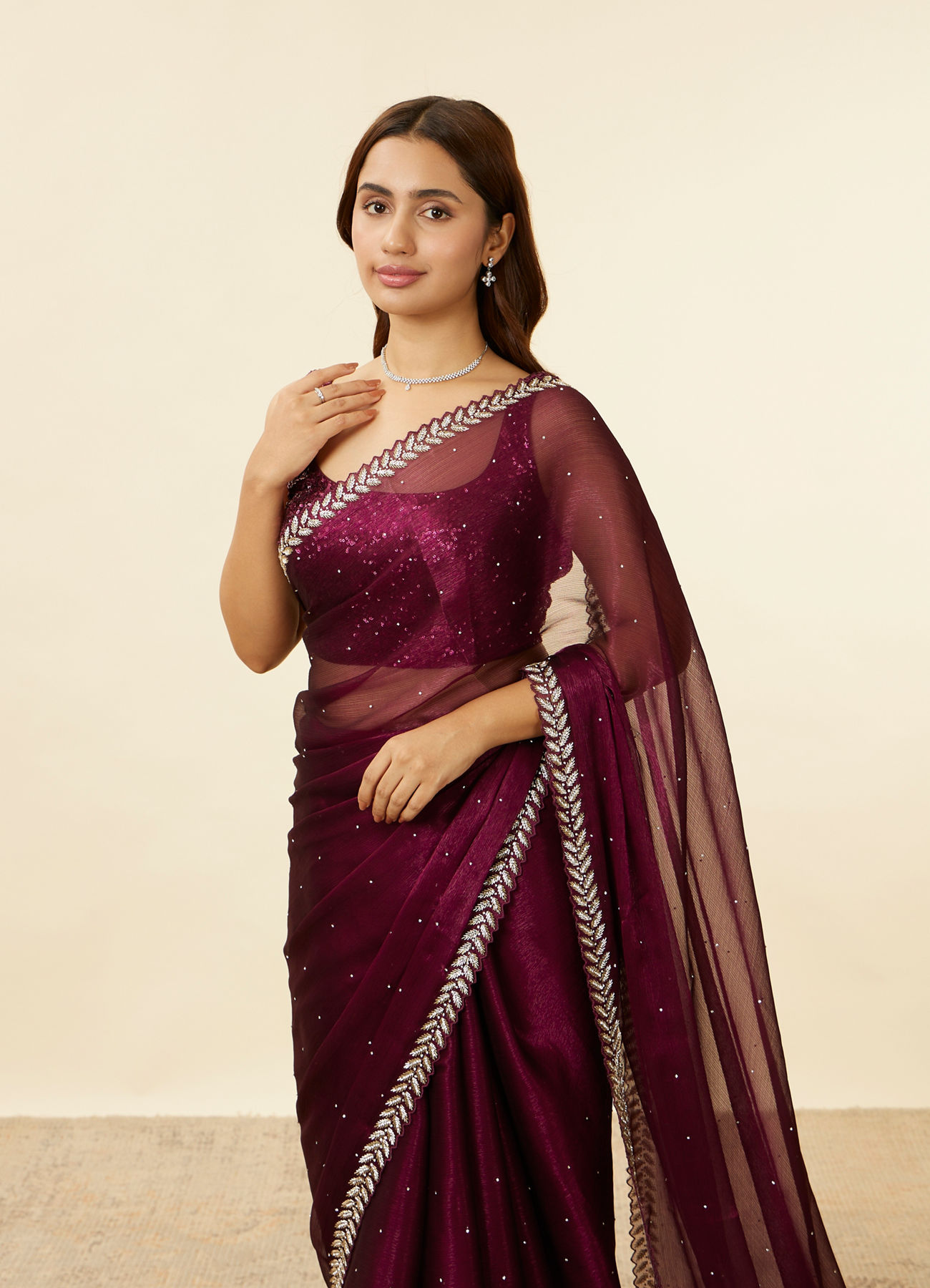 Mohey Women Wine Red Stone Embellished Saree