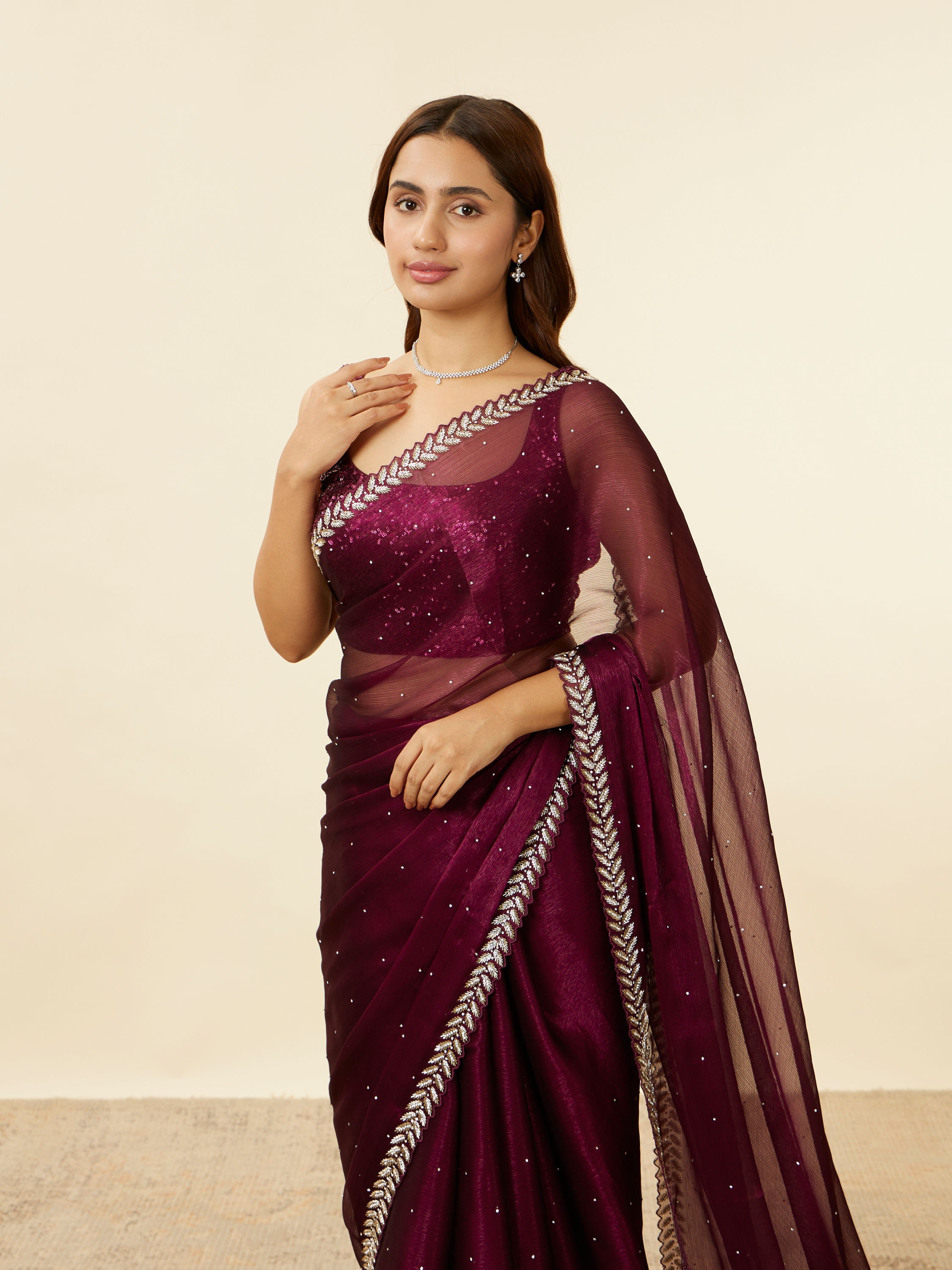 Mohey Women Wine Red Stone Embellished Saree