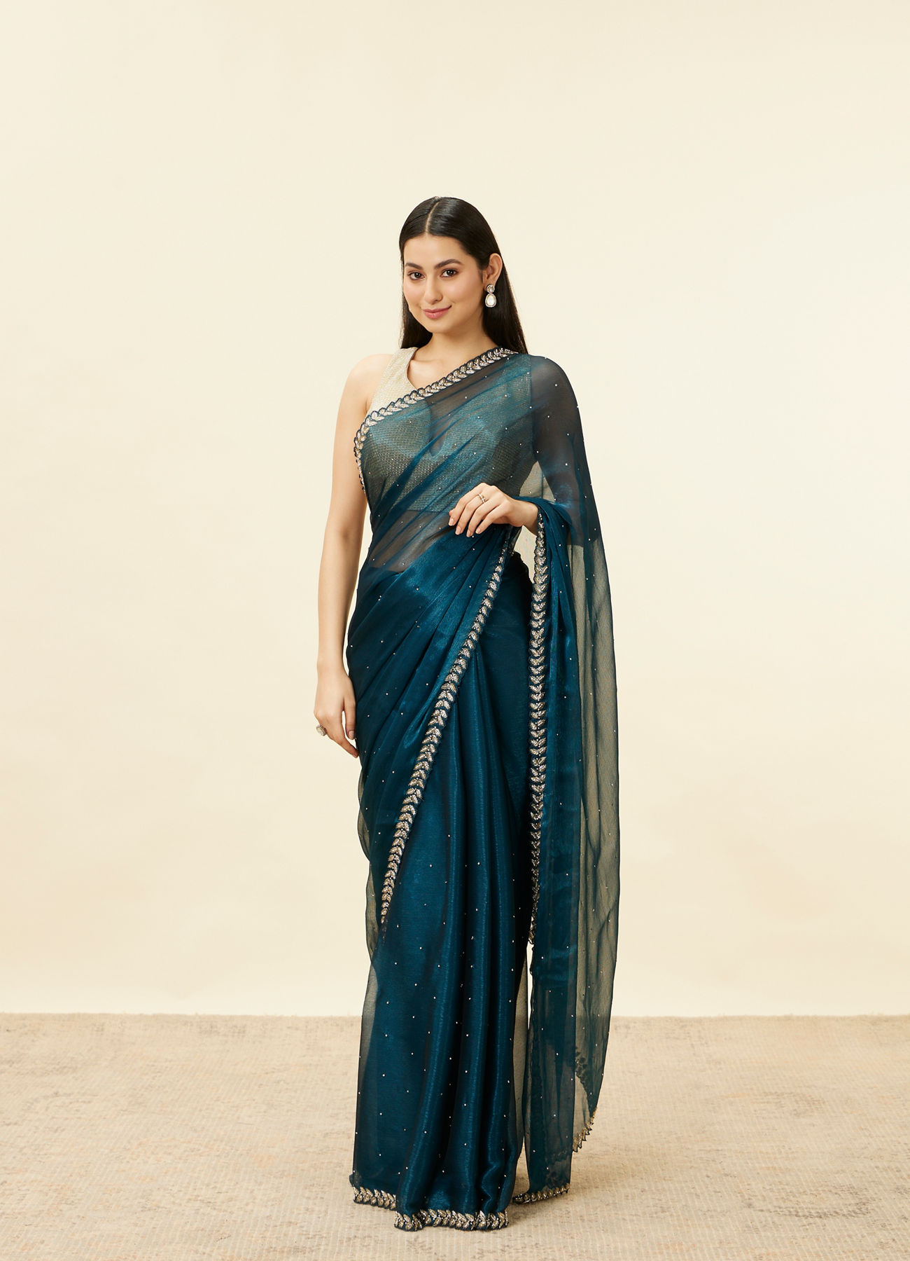 Mohey Women Peacock Blue Stone Embellished Saree