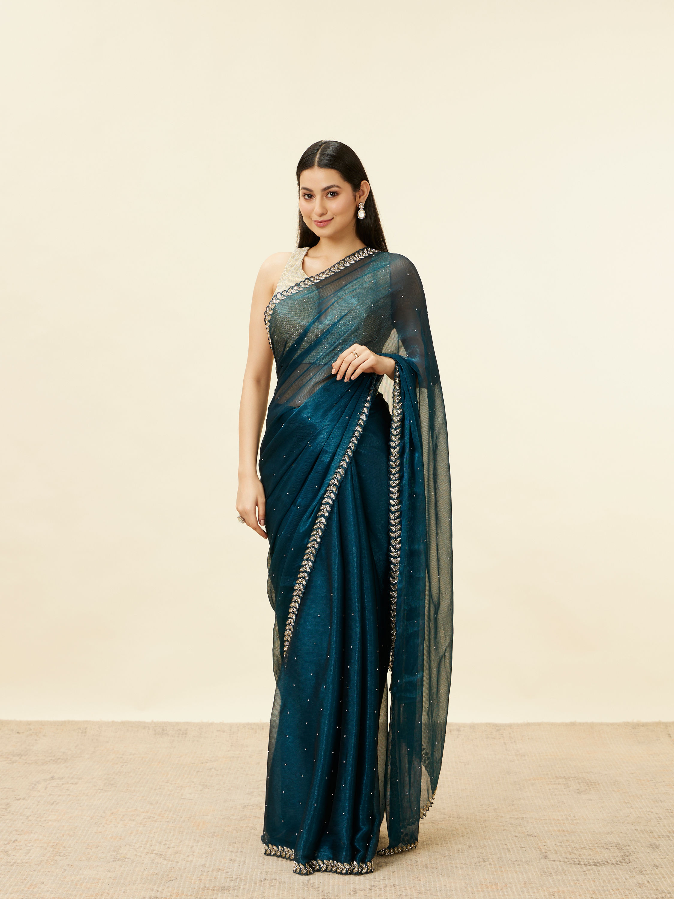 Mohey Women Peacock Blue Stone Embellished Saree