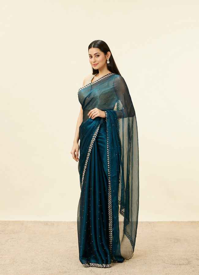 Peacock Blue Stone Embellished Saree image number 3