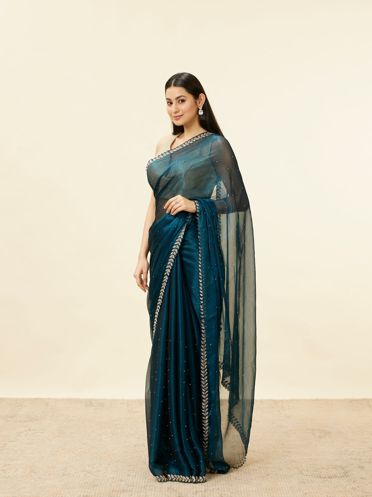 Peacock Blue Stone Embellished Saree image number 3