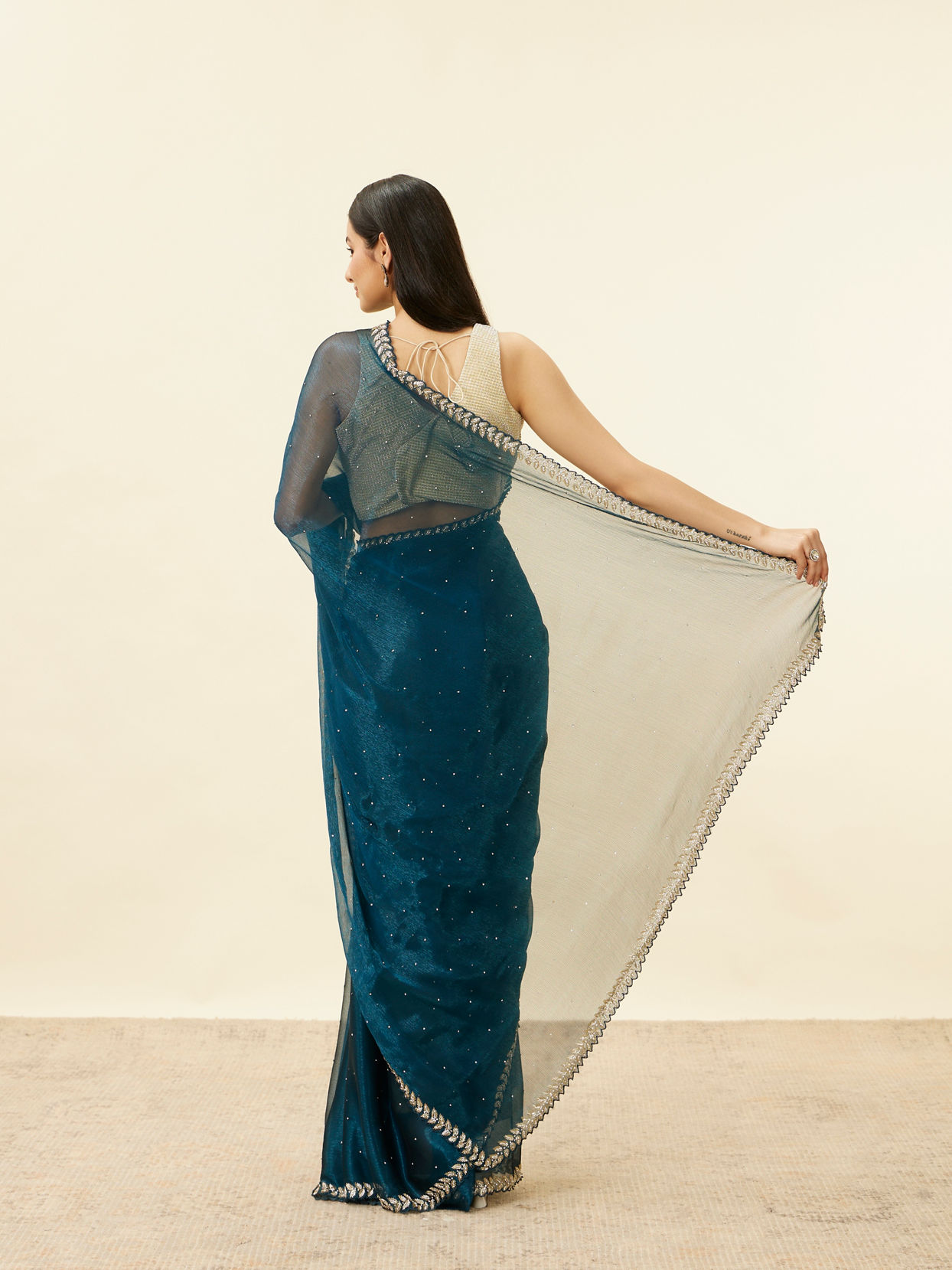 Mohey Women Peacock Blue Stone Embellished Saree