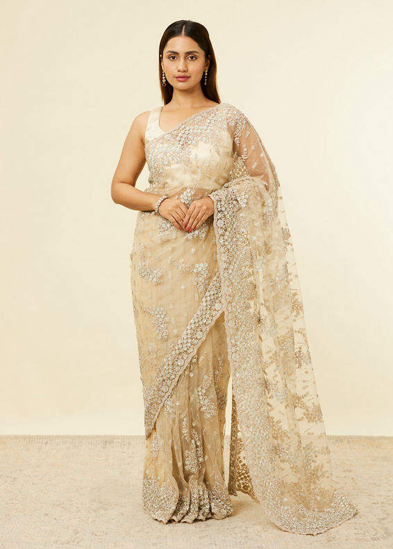 Mohey Women Beige Floral Bel Buti Embroidered Saree