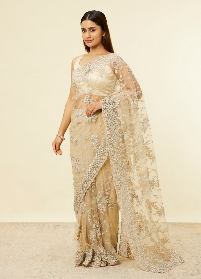 alt message - Mohey Women Beige Floral Bel Buti Embroidered Saree image number 3