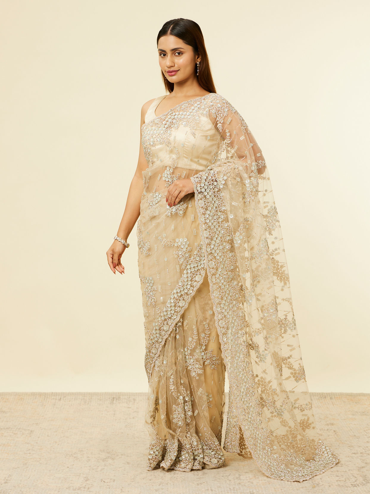 Beige Floral Patterned Stone Work Saree image number 3