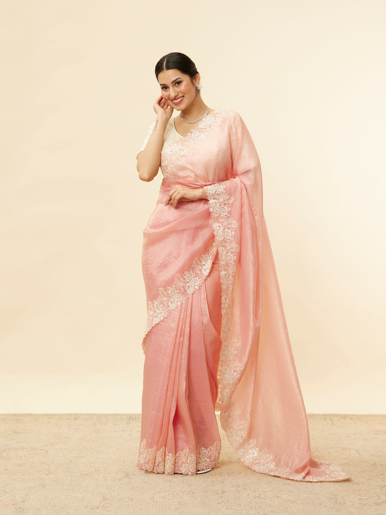 Mohey Women Conch Shell Pink Floral Bordered Saree