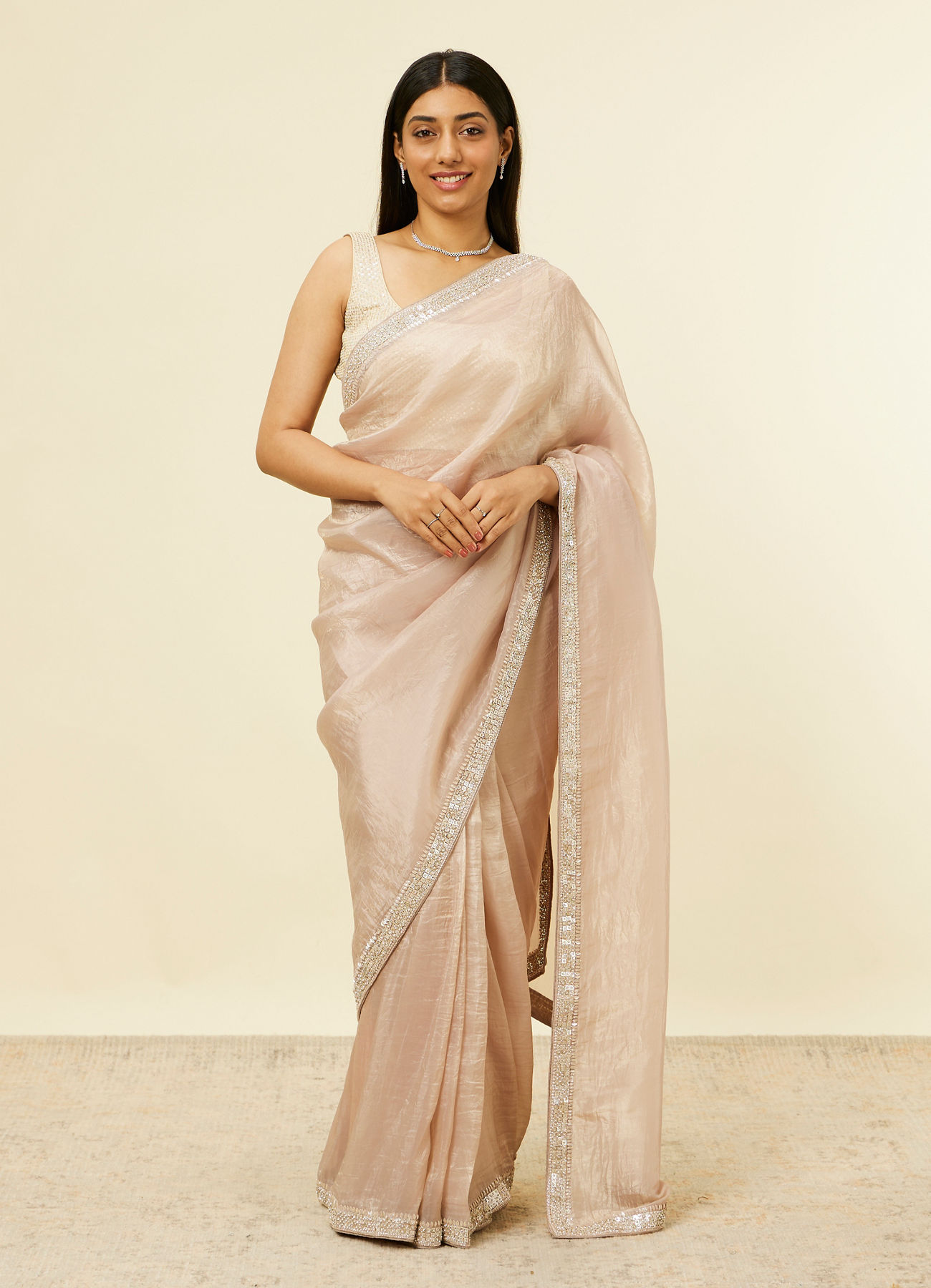 Mohey Women Fawn Stone Embellished Border Saree