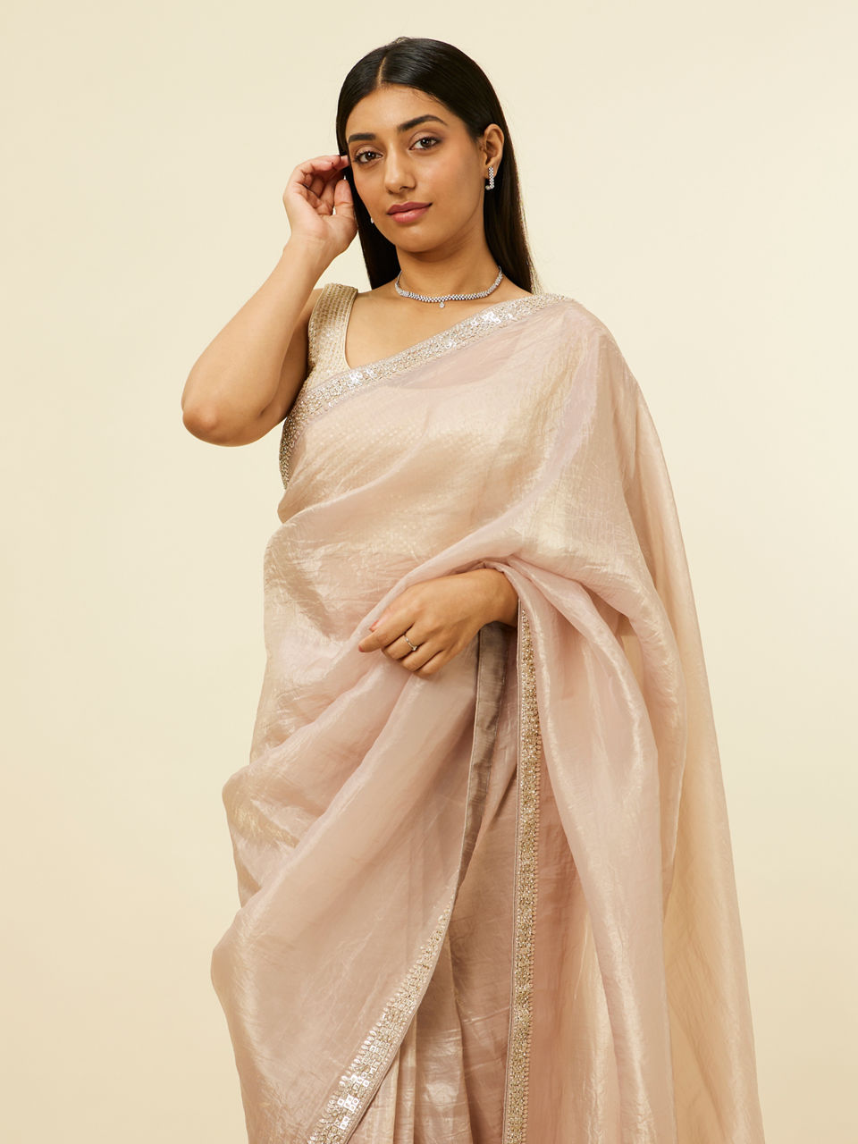Mohey Women Fawn Stone Embellished Border Saree