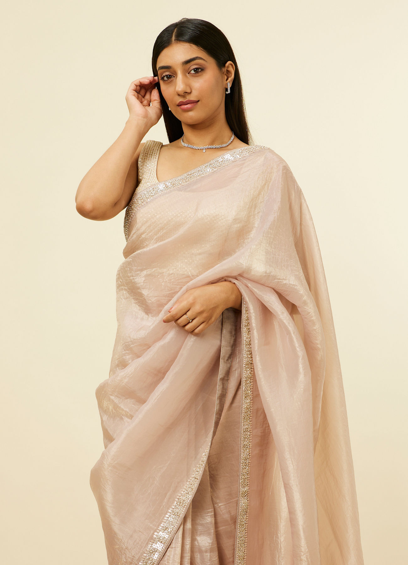 Mohey Women Fawn Stone Embellished Border Saree