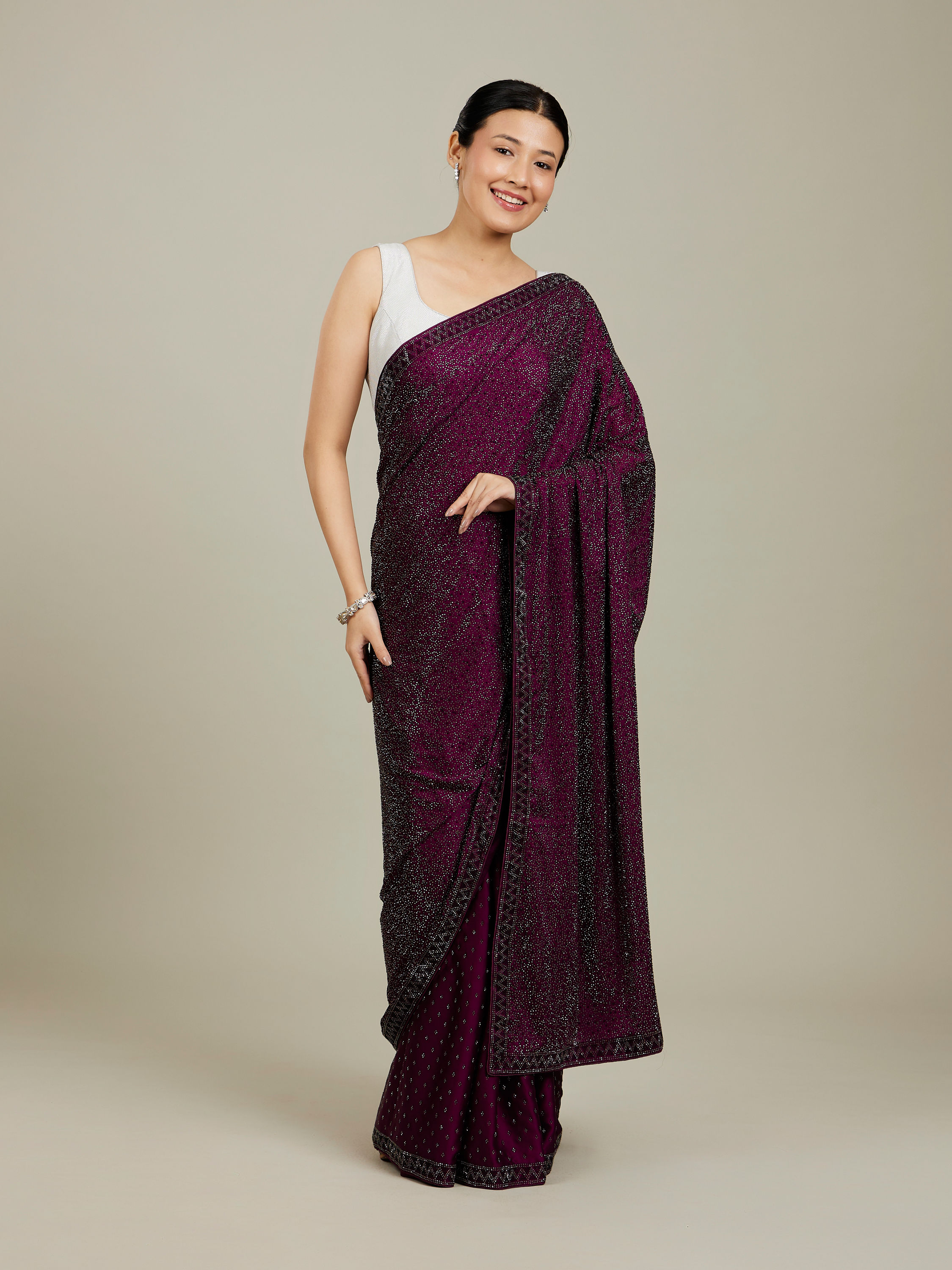 Mohey Women Windsor Wine Stone Embellished Saree