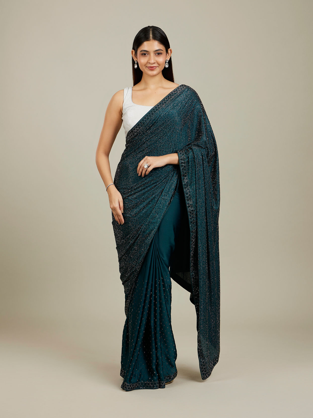Mohey Women Teal Blue Stone Embellished Saree