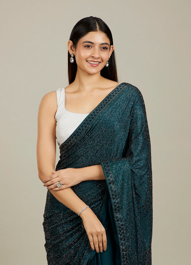 Mohey Women Teal Blue Stone Embellished Saree