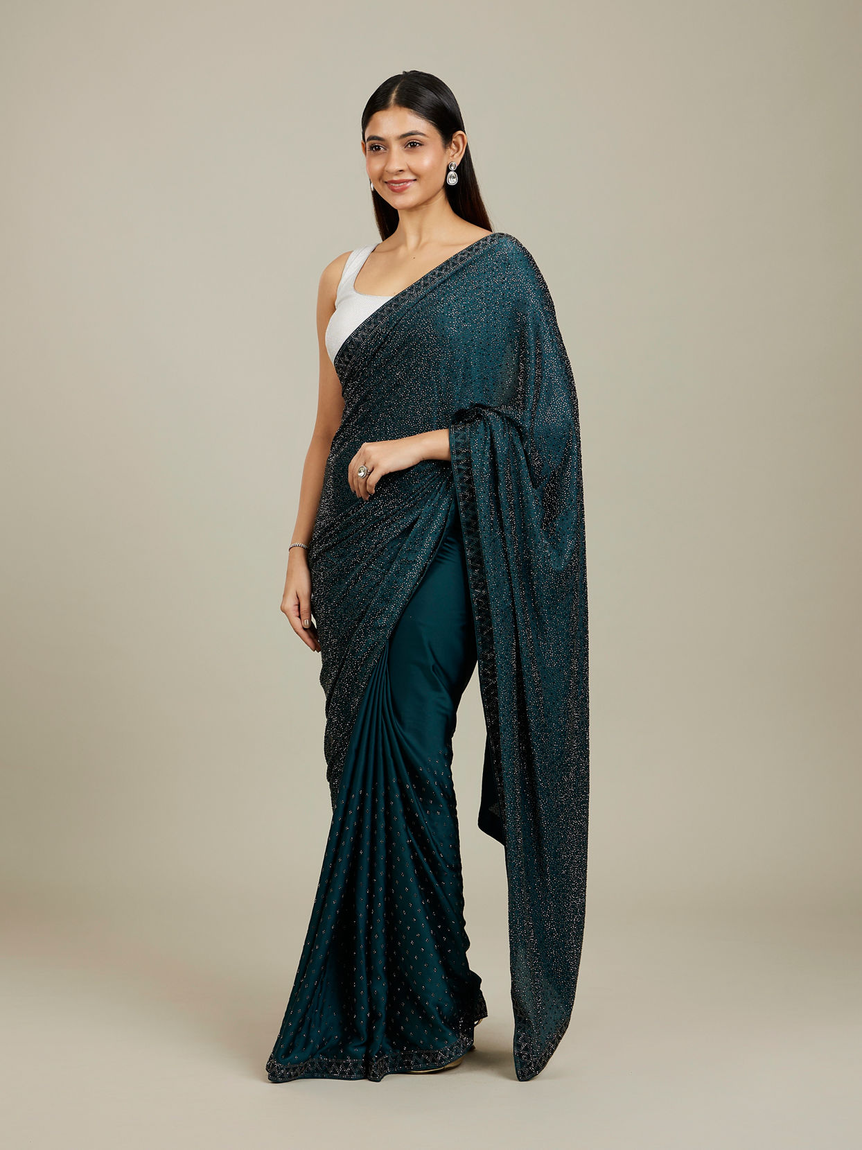 Mohey Women Teal Blue Stone Embellished Saree