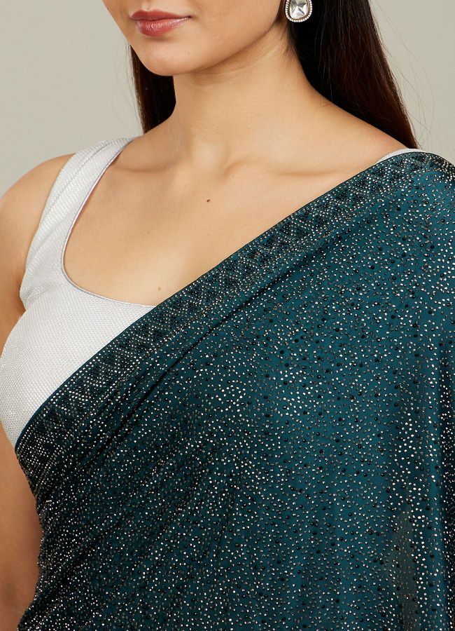 Mohey Women Teal Blue Stone Embellished Saree