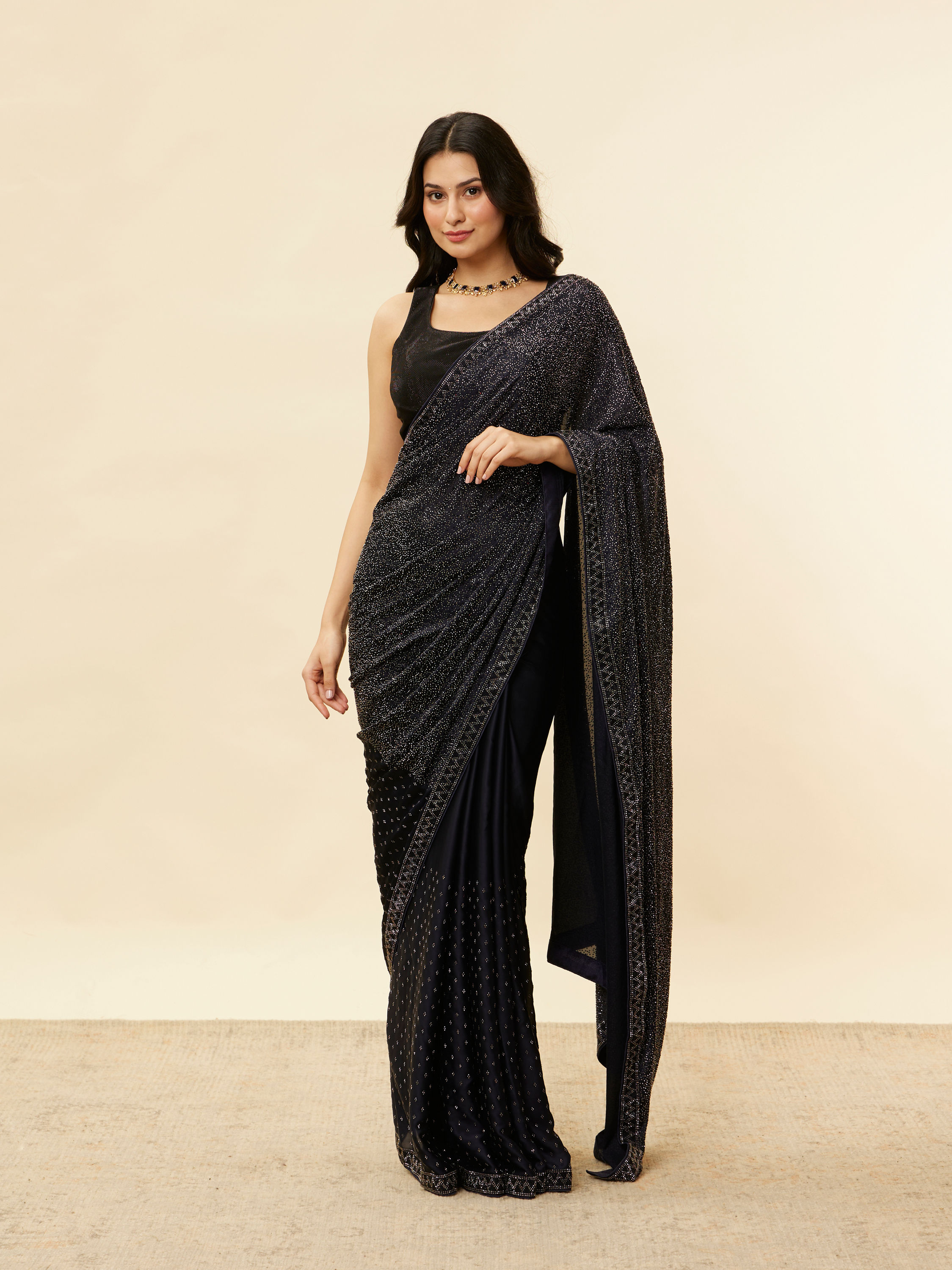 Mohey Women Twilight Blue Stone Embellished Saree