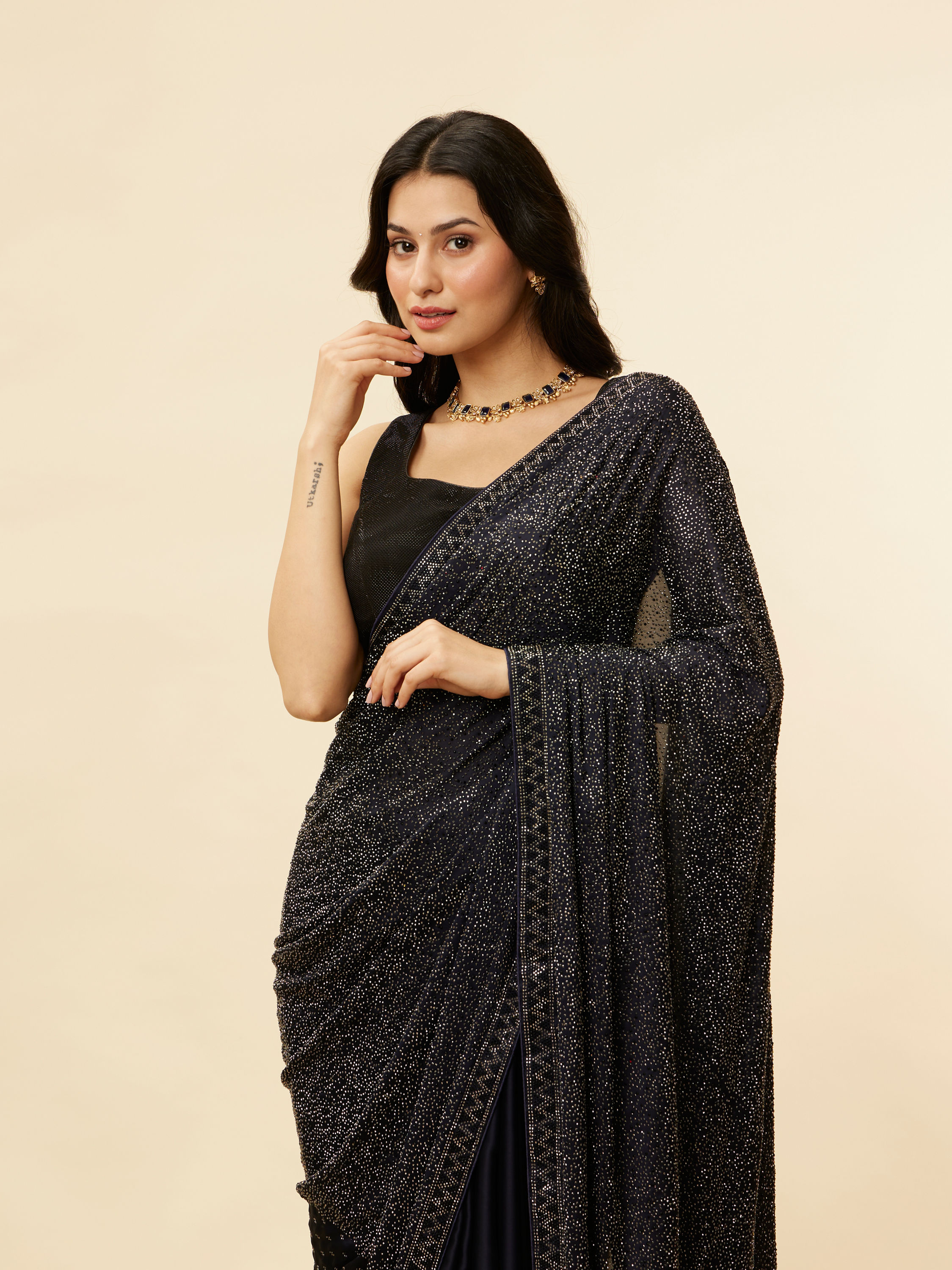 Mohey Women Twilight Blue Stone Embellished Saree