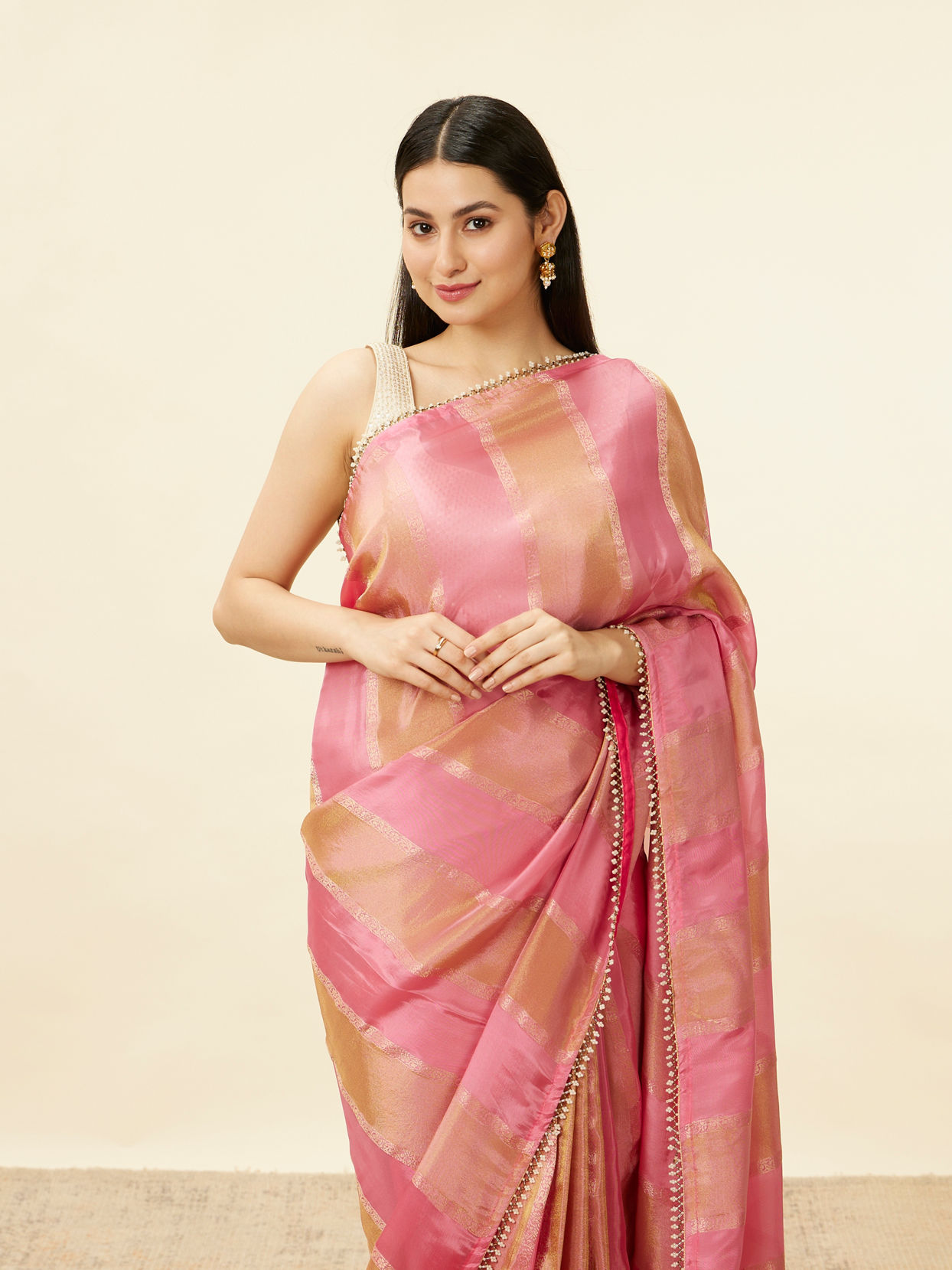 Organza silk saree x light gold zari - Aqua x Pastel Pink main image 0