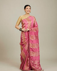 Mohey Women Soft Pink and Gold Floral Zari Work Saree