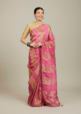 Mohey Women Soft Pink and Gold Floral Zari Work Saree