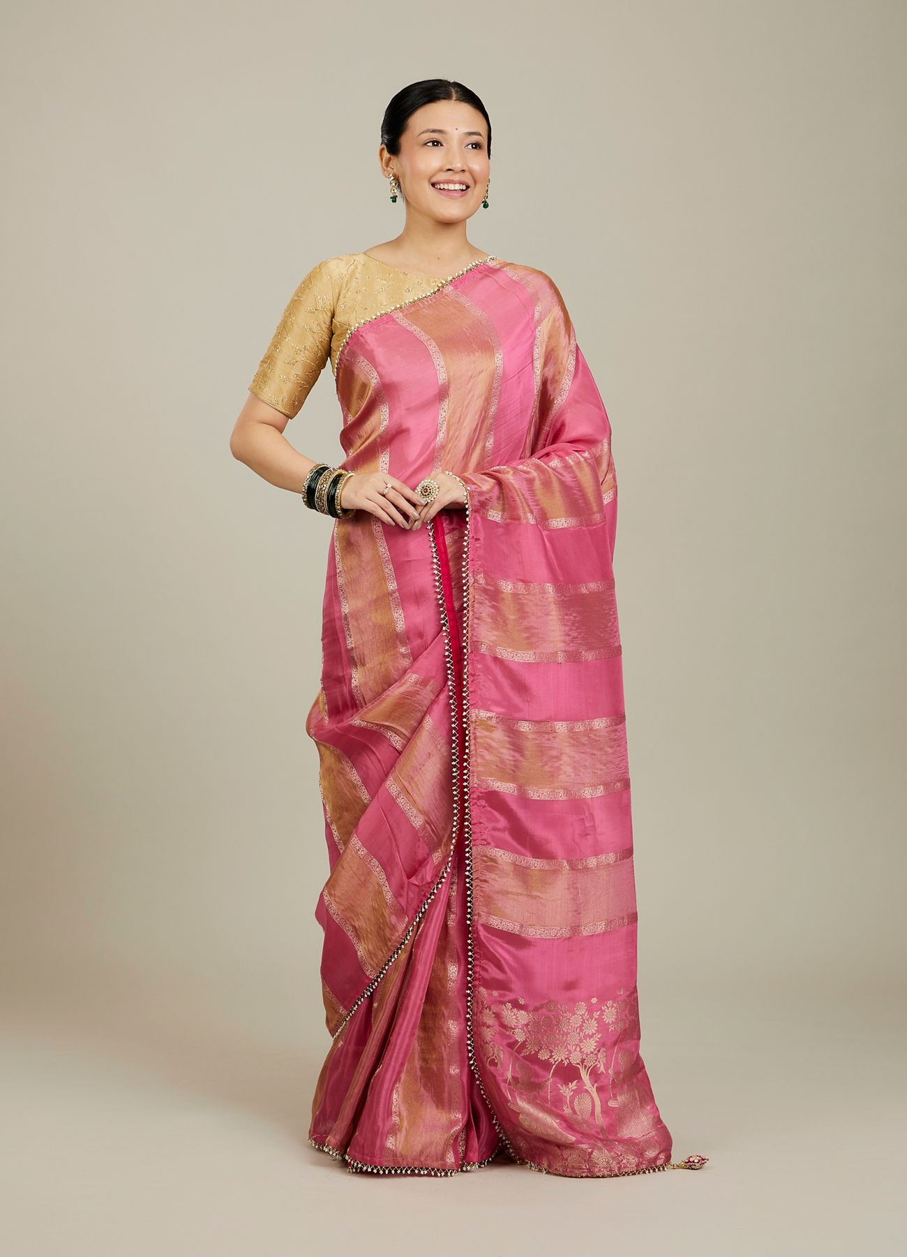 Mohey Women Soft Pink and Gold Floral Zari Work Saree