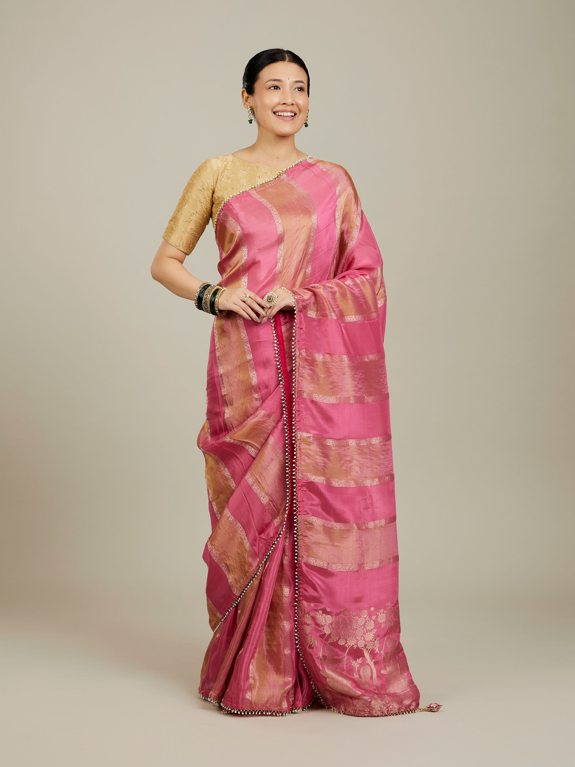 Mohey Women Soft Pink and Gold Floral Zari Work Saree