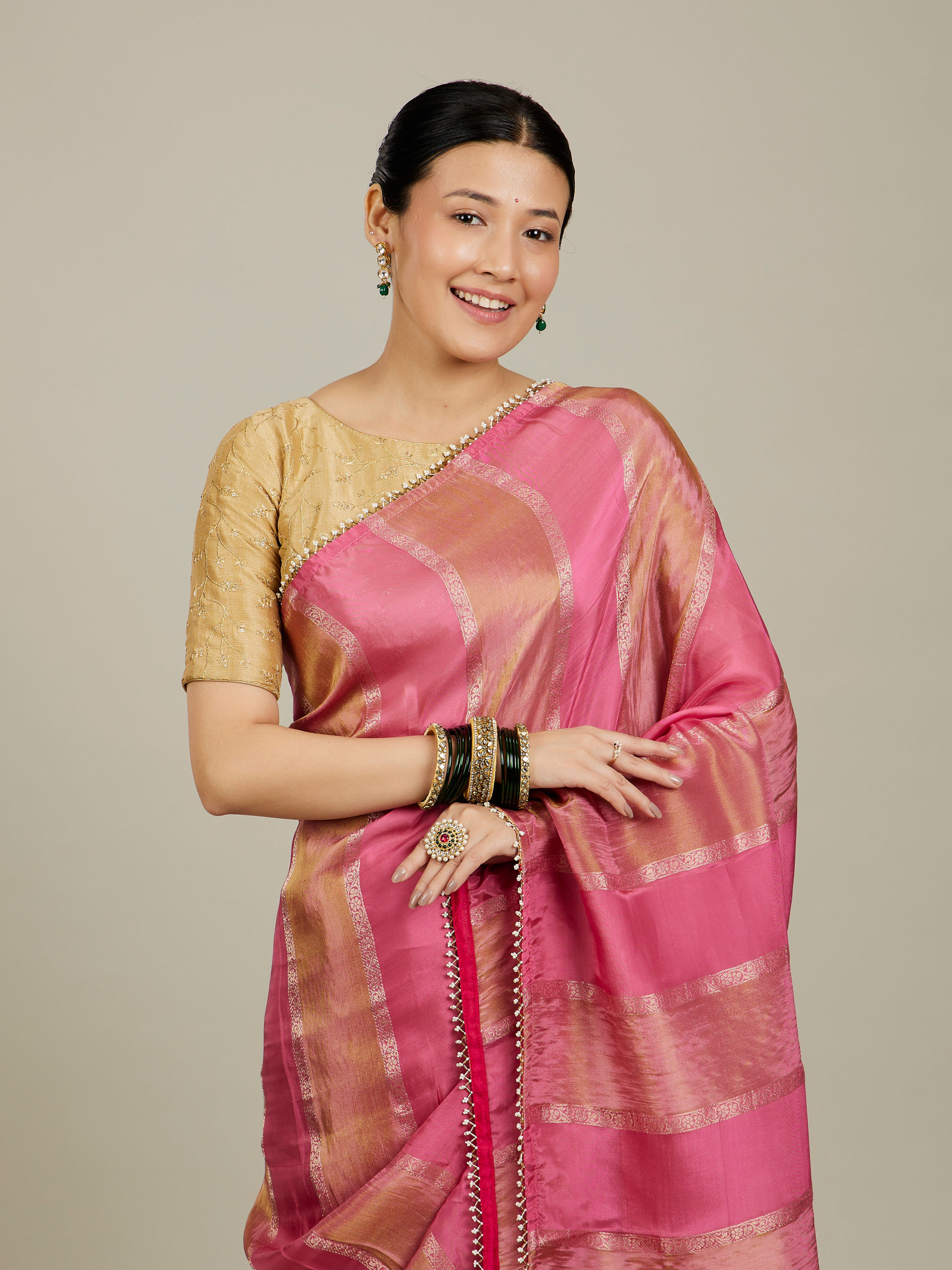 Mohey Women Soft Pink and Gold Floral Zari Work Saree