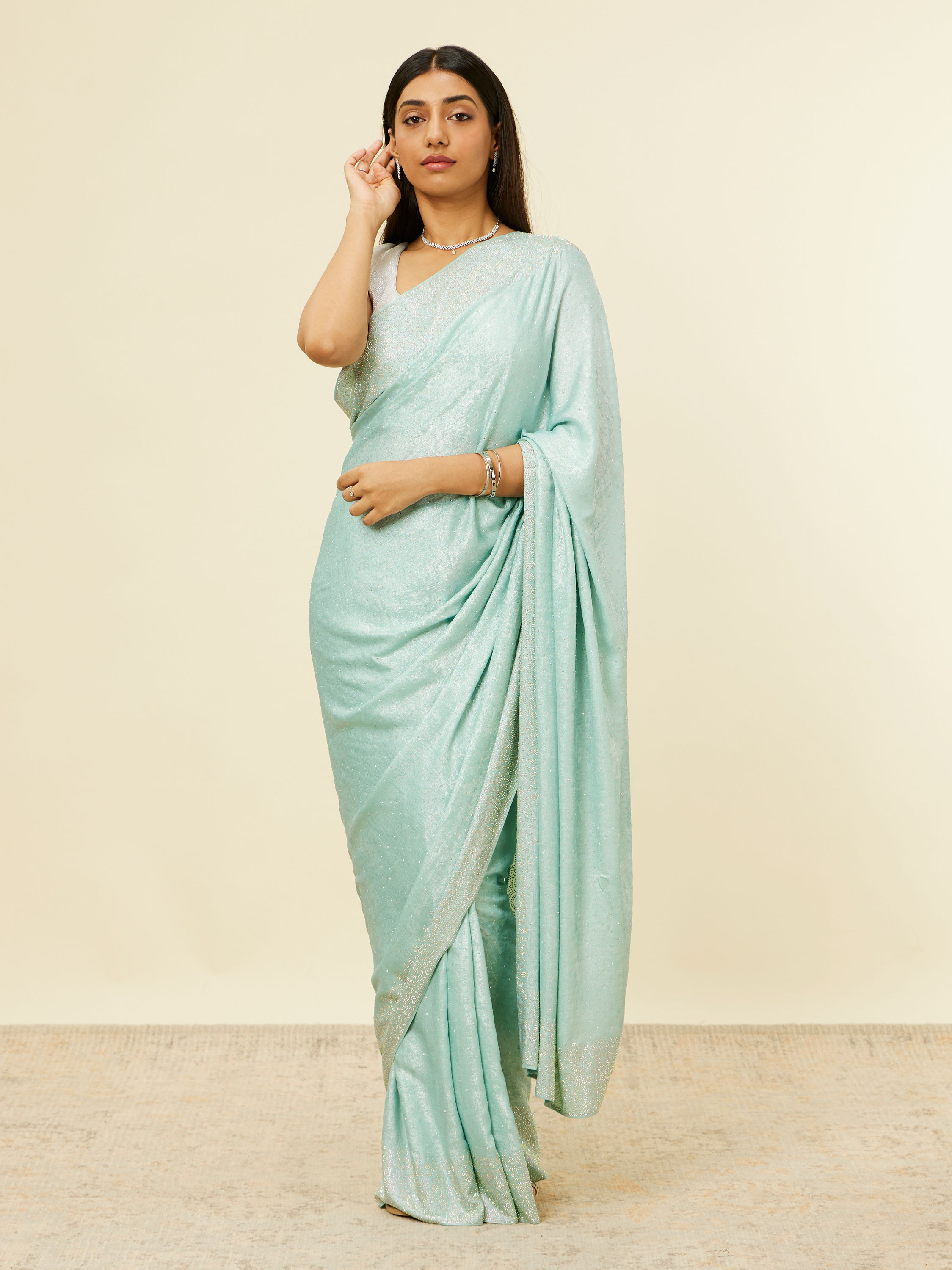 Mohey Women Light Blue Stone Embellished Saree