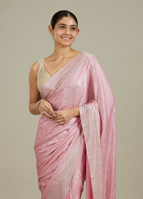 Mohey Women Pink Stone Embellished Saree image number 1