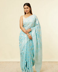 Mohey Women Light Blue Floral Zari Work Saree