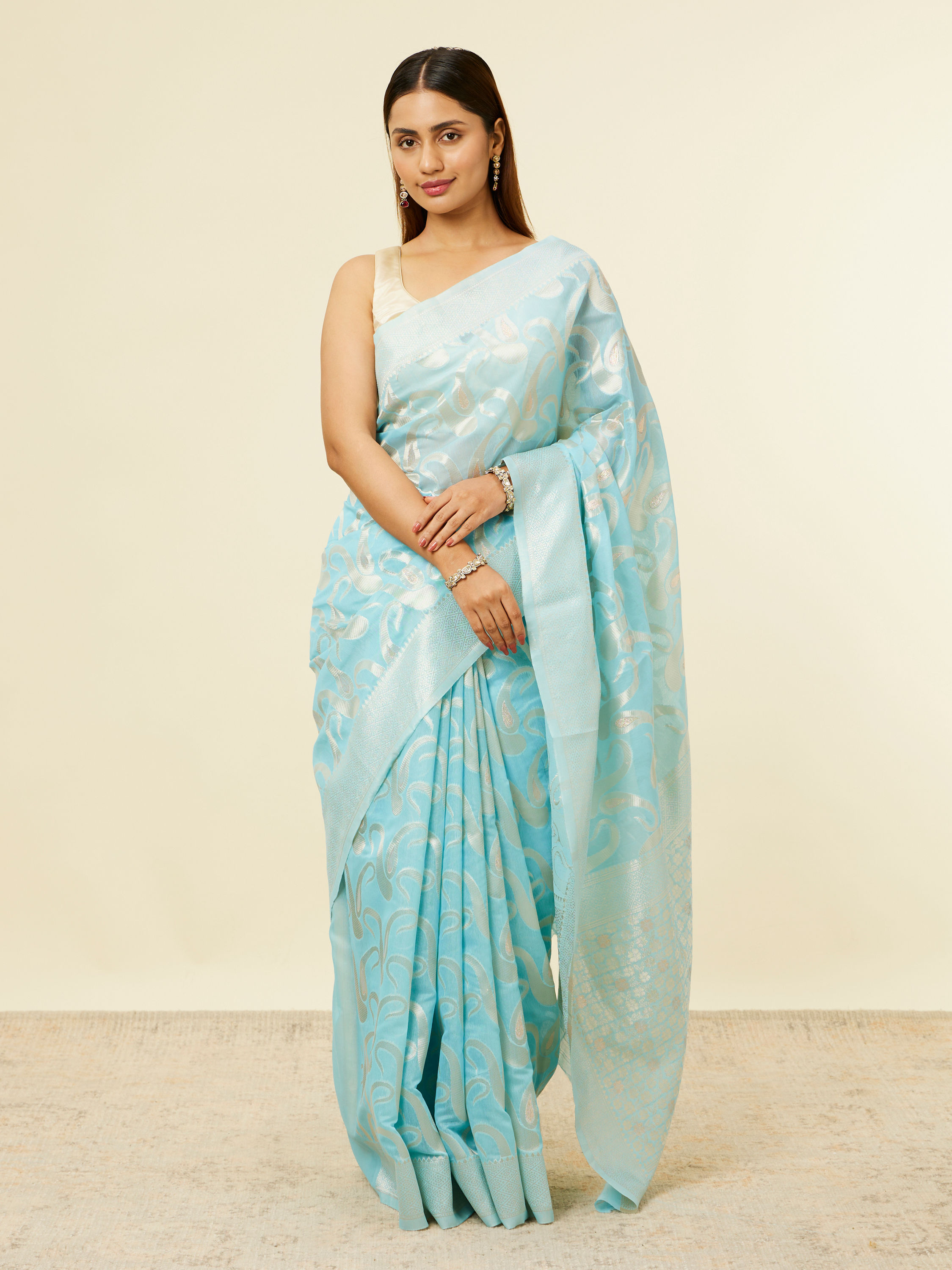 Mohey Women Light Blue Floral Zari Work Saree