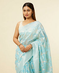 Mohey Women Light Blue Floral Zari Work Saree