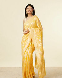 Mohey Women Sunshine Yellow Floral Zari work Saree