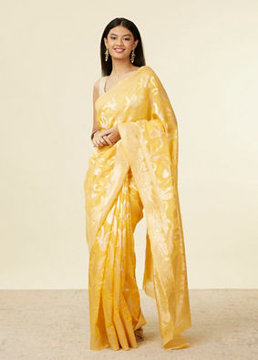 Mohey Women Sunshine Yellow Floral Zari work Saree