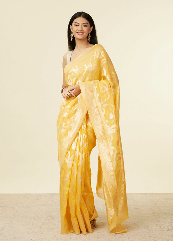 Mohey Women Sunshine Yellow Floral Zari work Saree