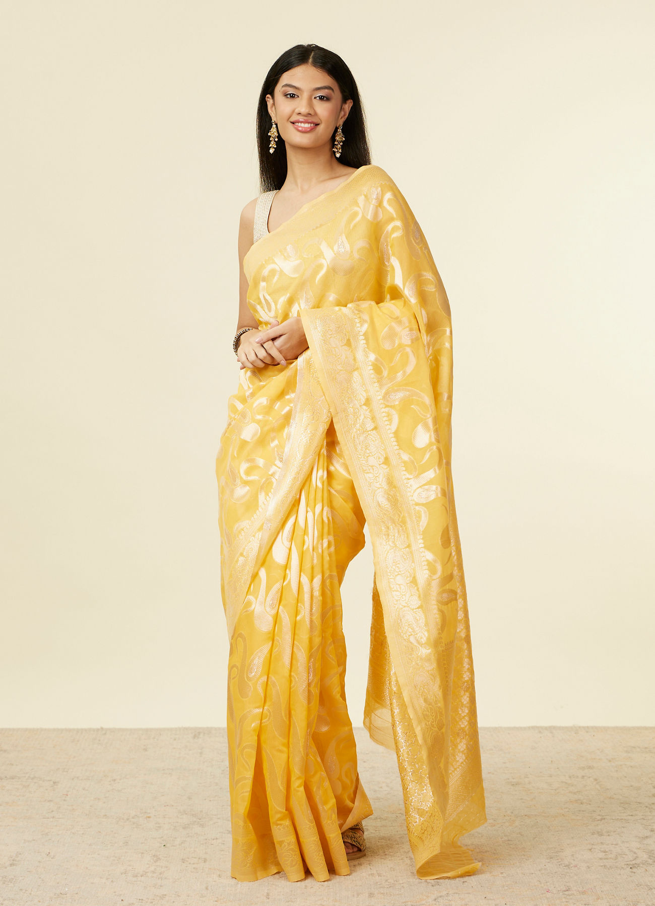 Mohey Women Sunshine Yellow Floral Zari work Saree