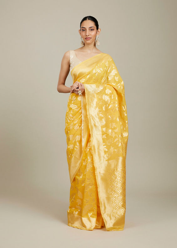 Mohey Women Sunshine Yellow and Gold Floral Zari Work Saree