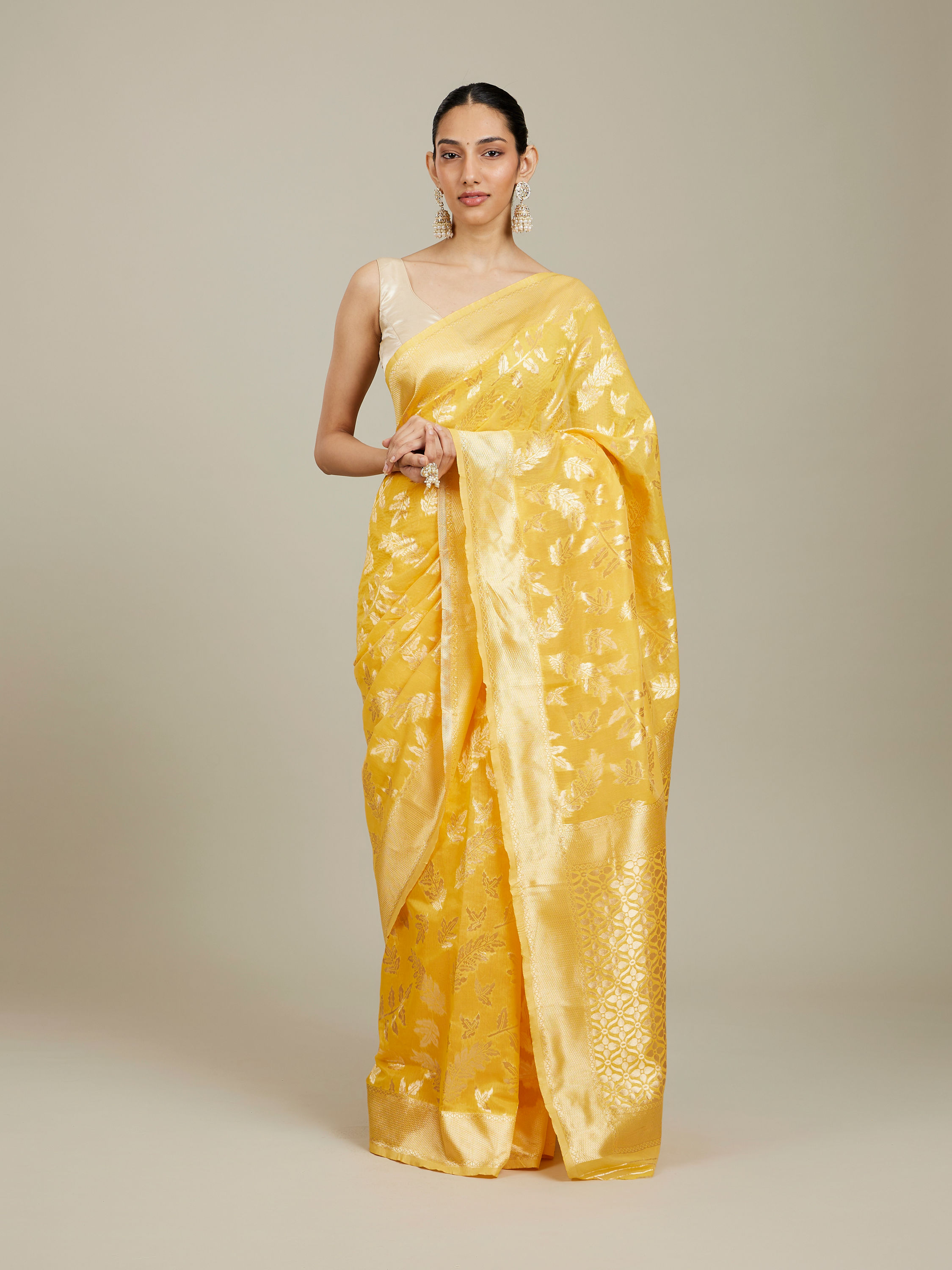 Mohey Women Sunshine Yellow and Gold Floral Zari Work Saree